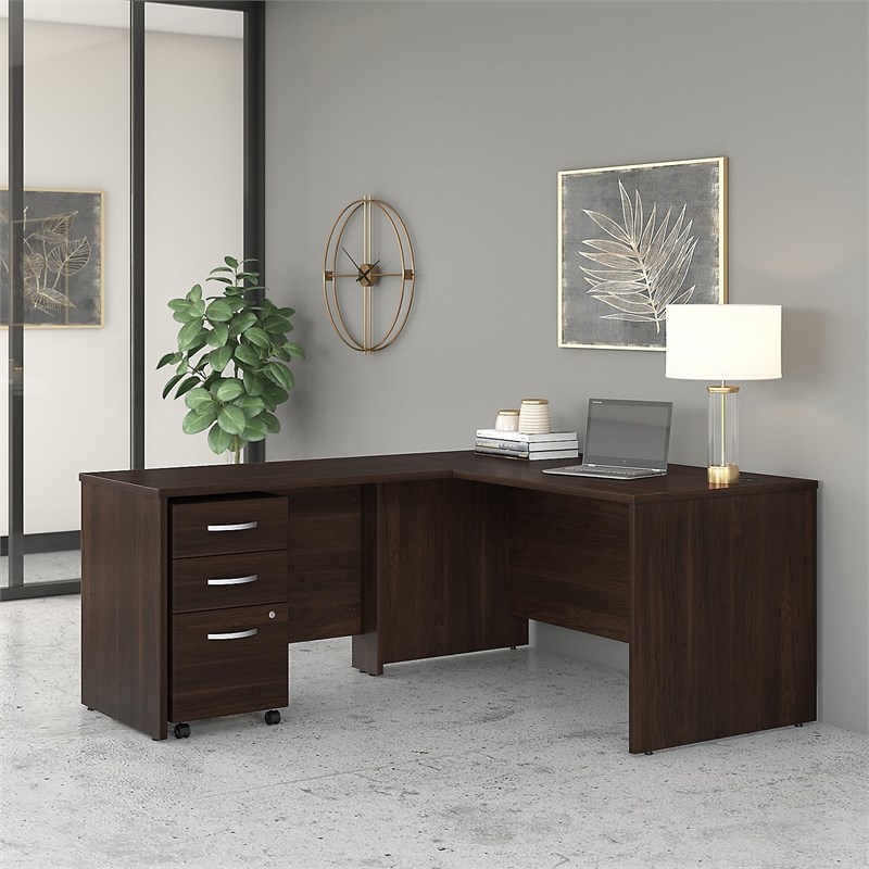 Studio C 60W x 30D L Shaped Desk with Drawers in Black Walnut - Engineered Wood