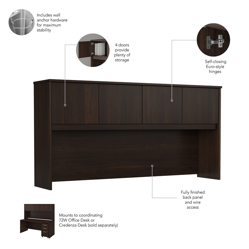Studio C 72W x 30D Desk with Hutch and Drawers in Black Walnut - Engineered Wood