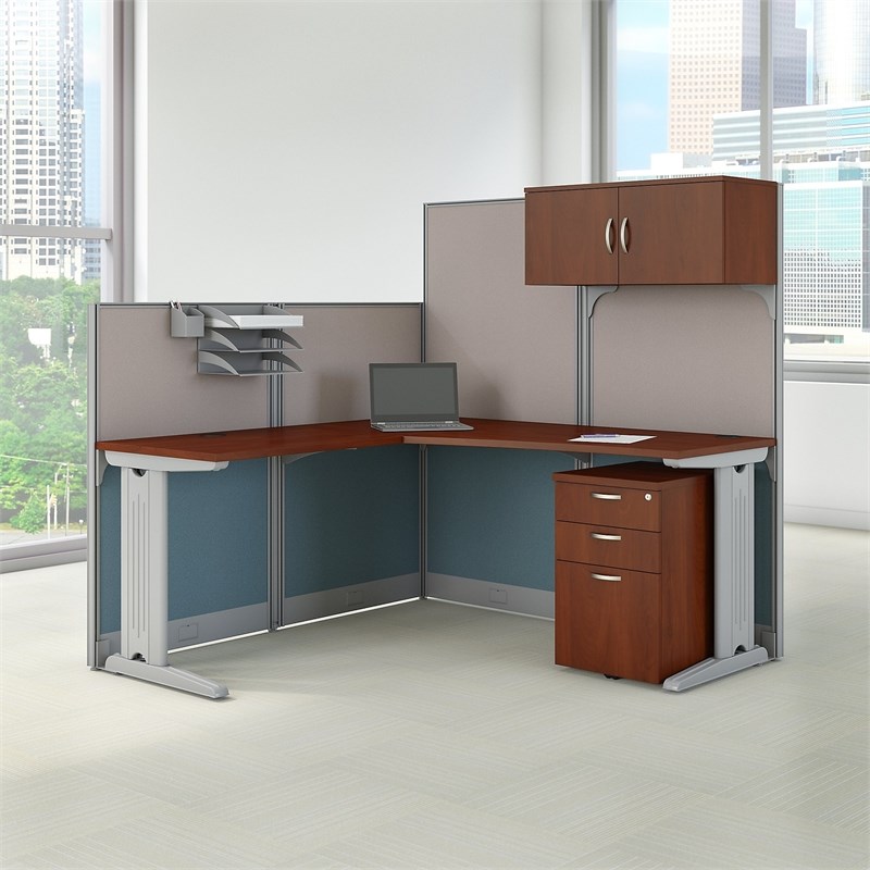 Office in an Hour L Shaped Cubicle Workstation with Storage in Cherry