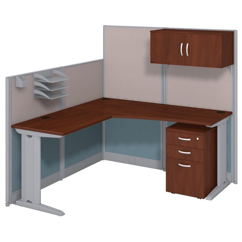 Office in an Hour L Shaped Cubicle Workstation with Storage in Cherry