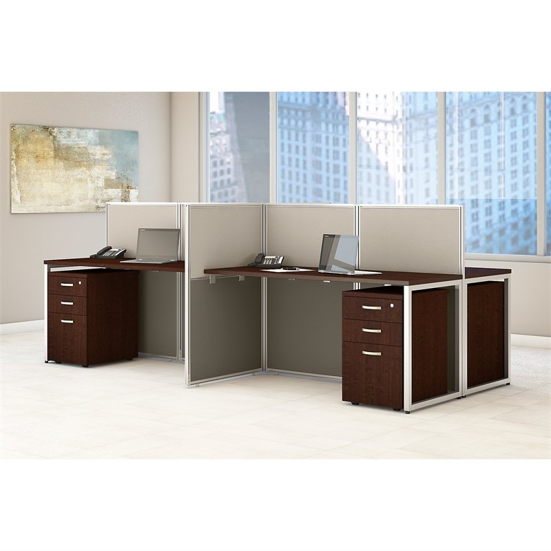 Easy Office 4 Person Straight Desk Open Office with Cabinets in Cherry
