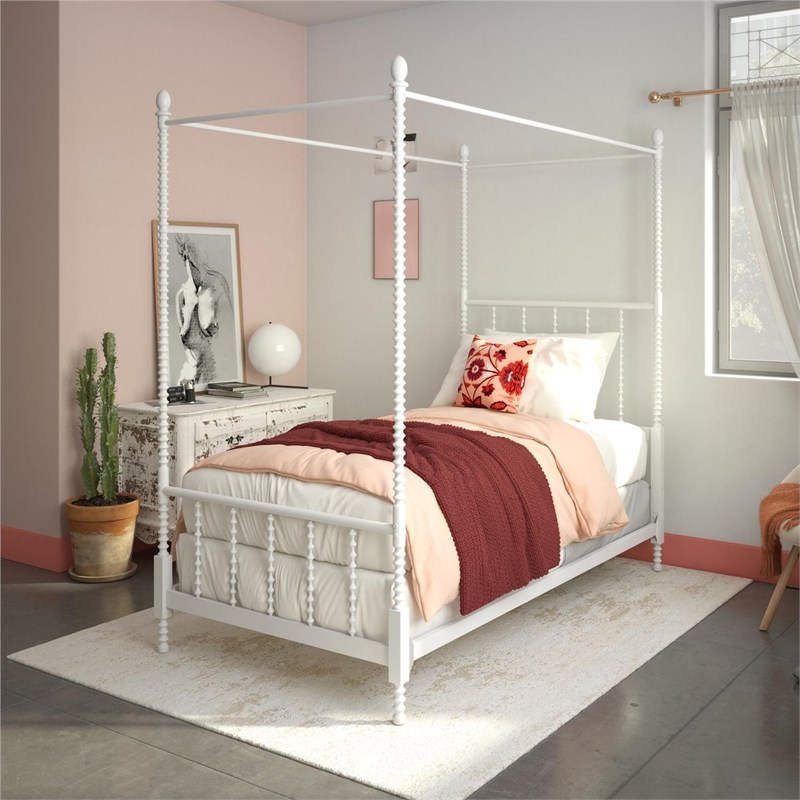 dhp emerson metal canopy bed in twin size frame in white de73610