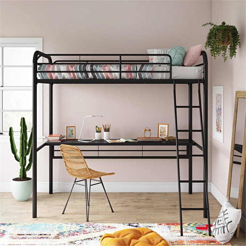 DHP Metal Loft Bed with Desk in Twin Size Frame in Black Metal and