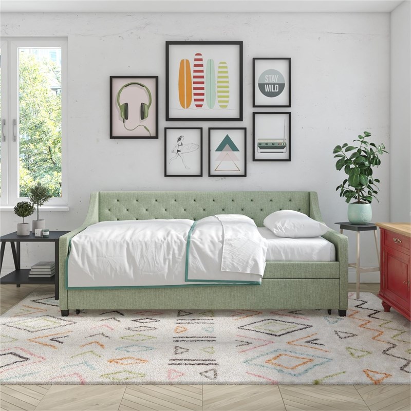 Novogratz Her Majesty Daybed and Trundle in Light Green Linen Homesquare