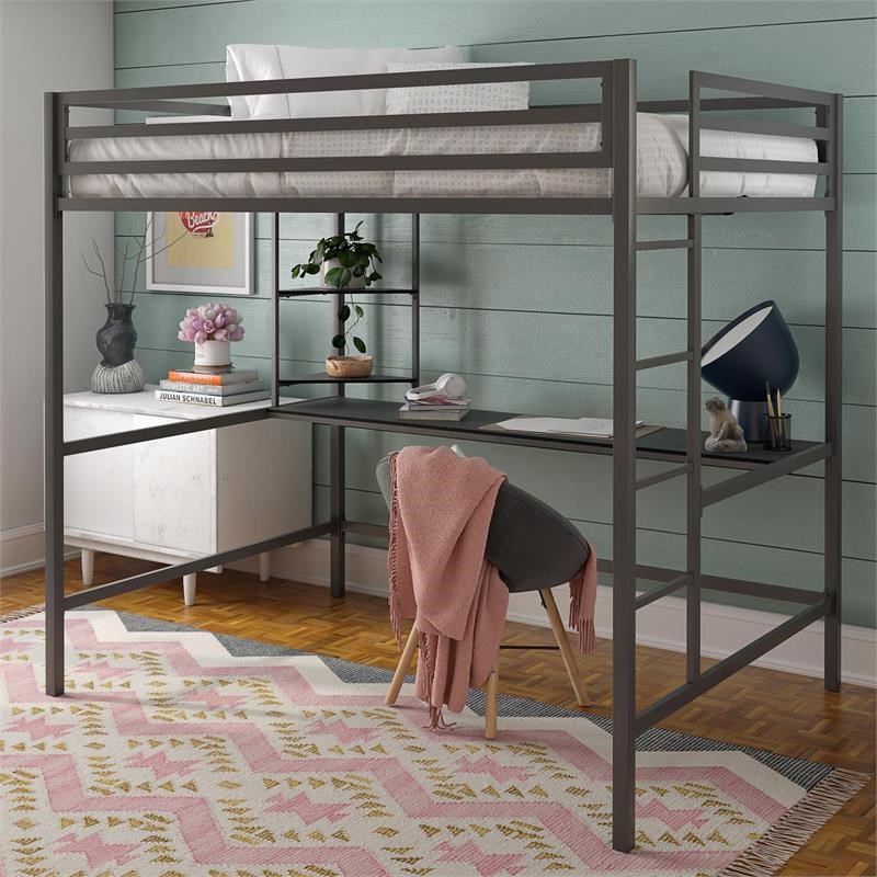 Novogratz Maxwell Metal Full Loft Bed with Desk in Gray & Black