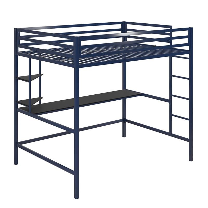 Novogratz Maxwell Metal Full Loft Bed with Desk in Navy & Black