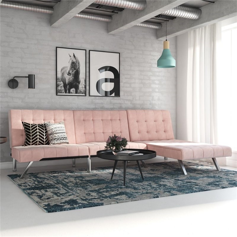 DHP Emily Convertible Tufted Futon Sofa in Pink Velvet