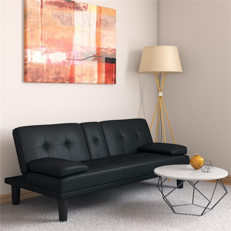 dhp marley sofa sleeper cupholder futon with 2 pillows in black 2254009