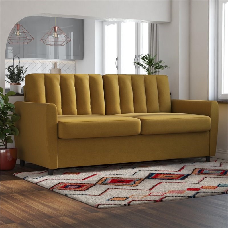 Novogratz Brittany Queen Sleeper Sofa With Memory Foam Mattress In Mustard Linen Homesquare