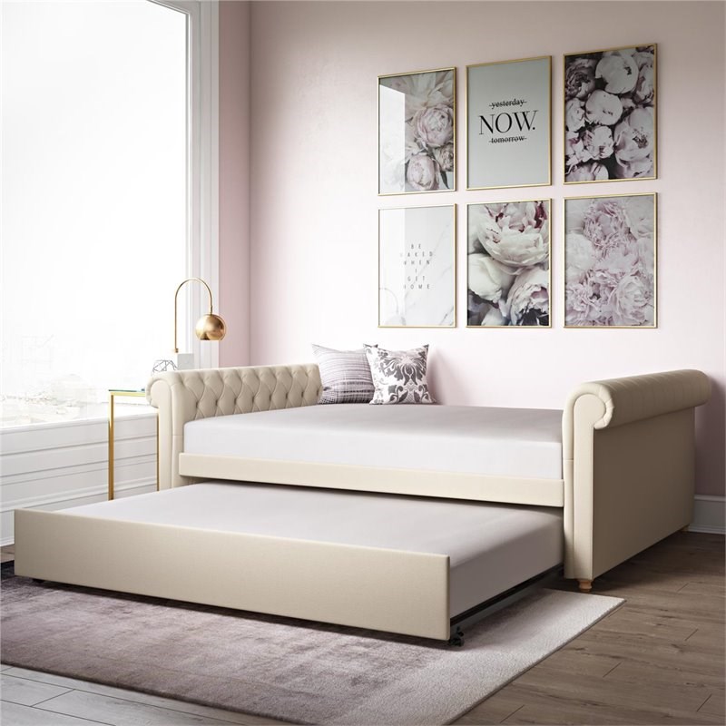 DHP Sophia Upholstered Queen Size Daybed and Full Trundle in Tan Linen