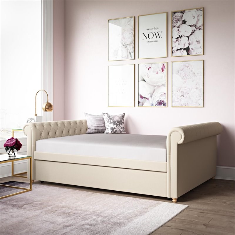 DHP Sophia Upholstered Queen Size Daybed and Full Trundle in Tan Linen