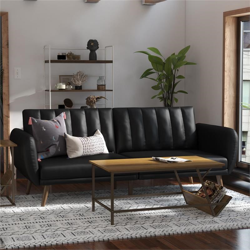 Novogratz Brittany Futon in Convertible Sofa & Couch in Black Faux Leather