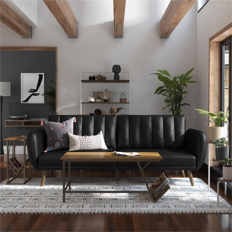 Novogratz Brittany Futon in Convertible Sofa & Couch in Black Faux Leather