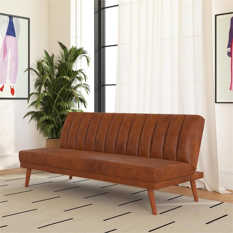 Novogratz Brittany Armless Futon Sofa Lounger and Sleeper in Camel Faux