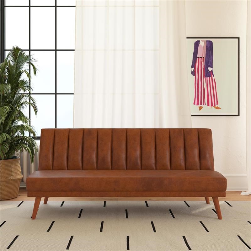 Novogratz Brittany Armless Futon Sofa Lounger and Sleeper in Camel Faux