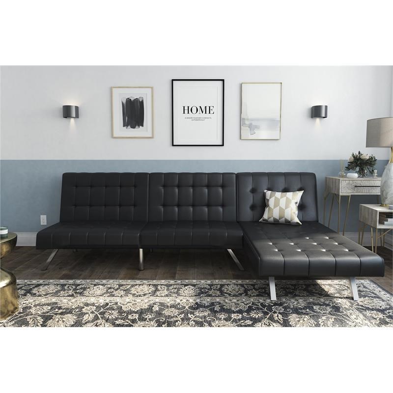 DHP Emily Sectional Futon Sofa Bed with Convertible Chaise Lounger in Black