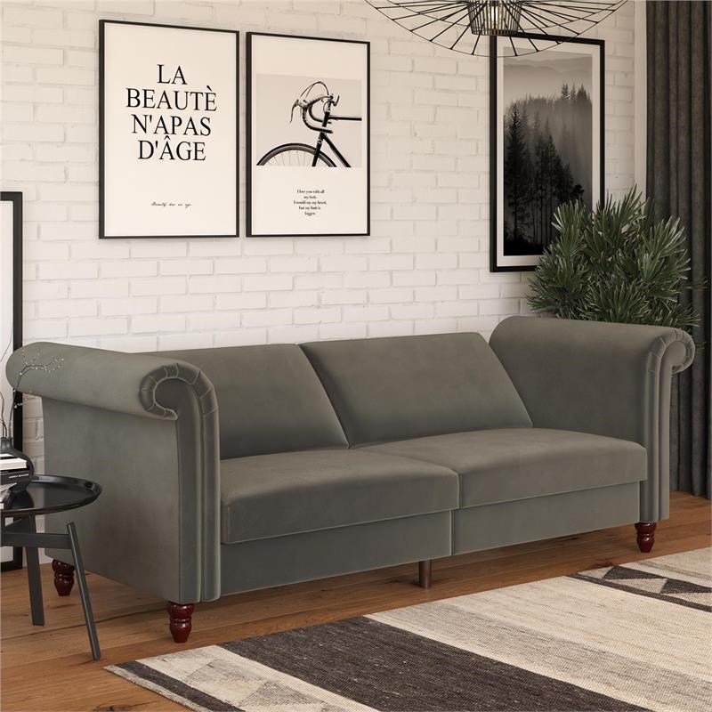 DHP Dante Upholstered Futon Convertible Sofa Bed & Couch in Gray Velvet