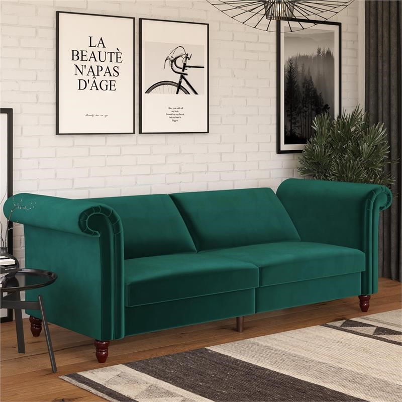 DHP Dante Upholstered Futon Convertible Sofa Bed Couch in Green Velvet