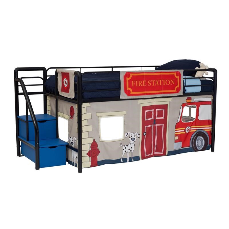 DHP Junior Black Metal Loft Bed and Fire Department Curtain Set Twin