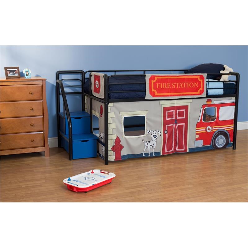 DHP Sol Junior Twin Metal Loft Bed and Fire Department Curtain Set in Black/Blue