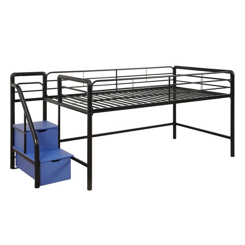 DHP Sol Junior Twin Metal Loft Bed and Blue Curtain Set in Black