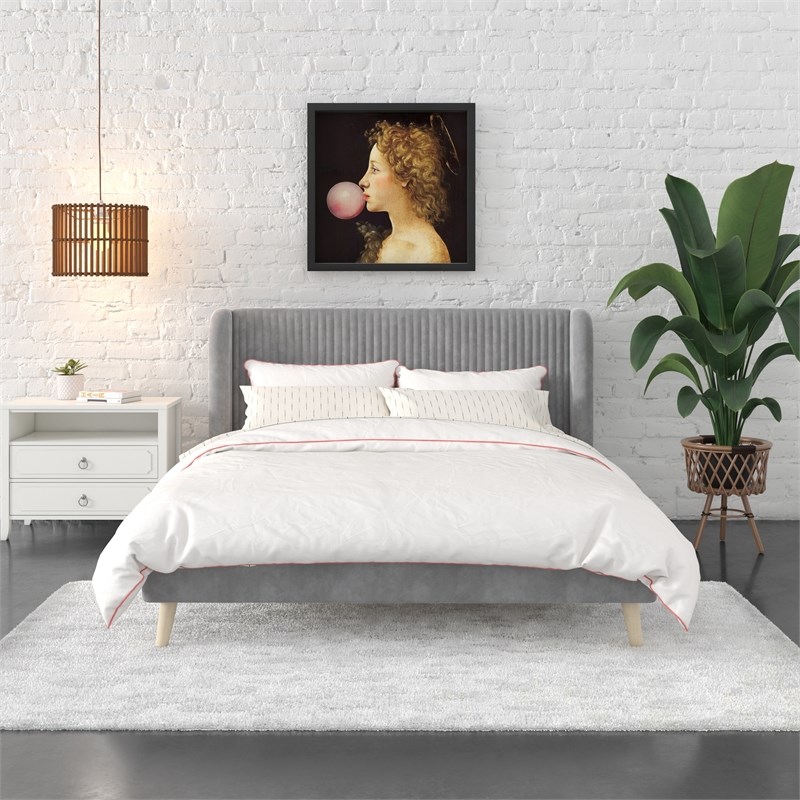 Novogratz Holly Upholstered Wingback Bed Frame in Queen in Light Gray Velvet
