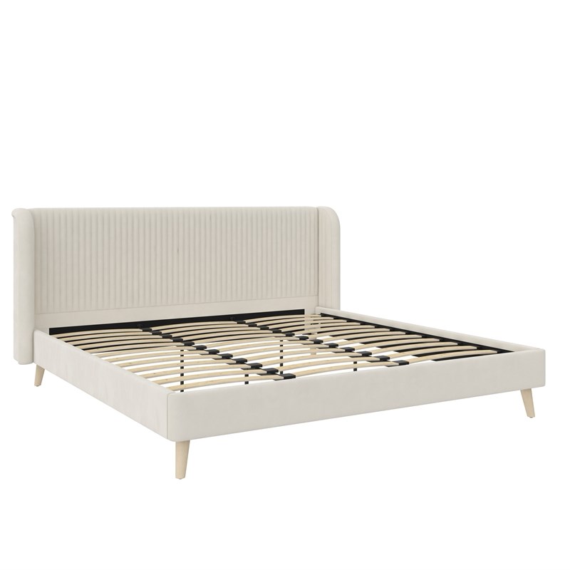 Novogratz Holly Upholstered Wingback Bed Frame King Ivory Velvet