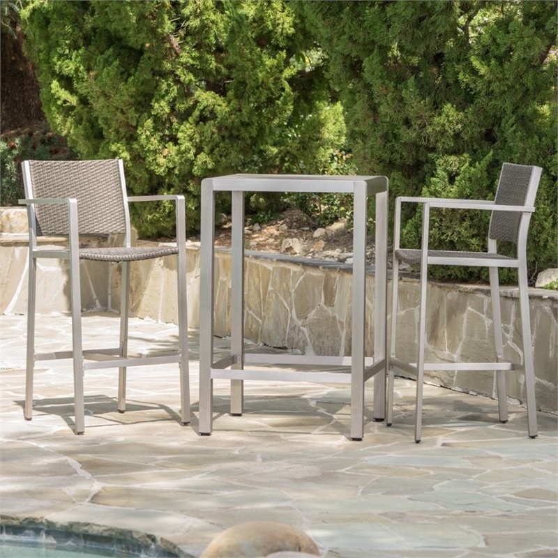 Noble House Cape Coral Outdoor 3 Piece Glass Top Bar Set in Gray