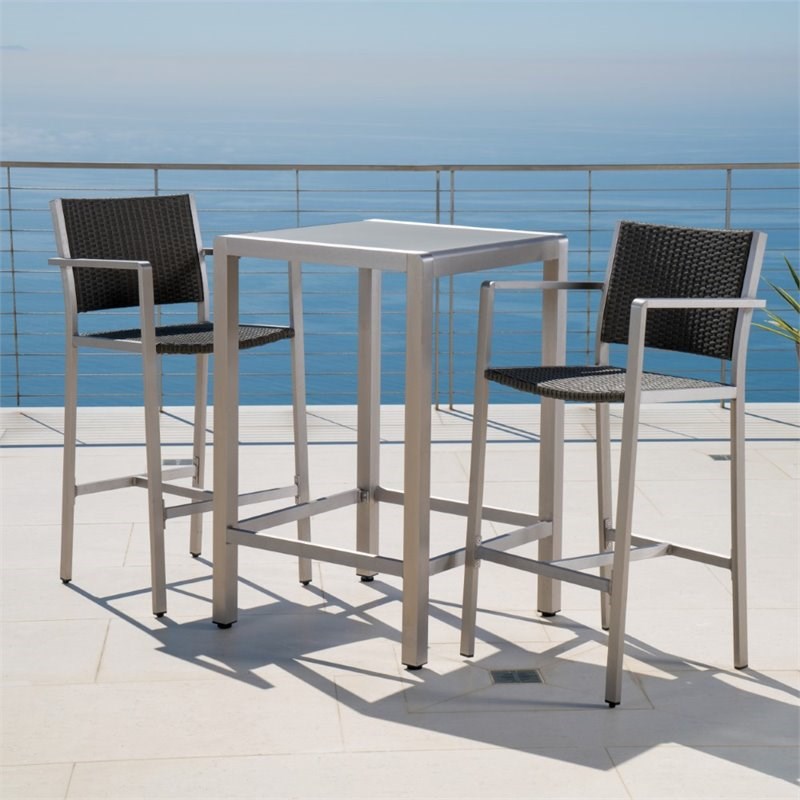 Noble House Cape Coral Outdoor 3 Piece Glass Top Bar Set in Gray