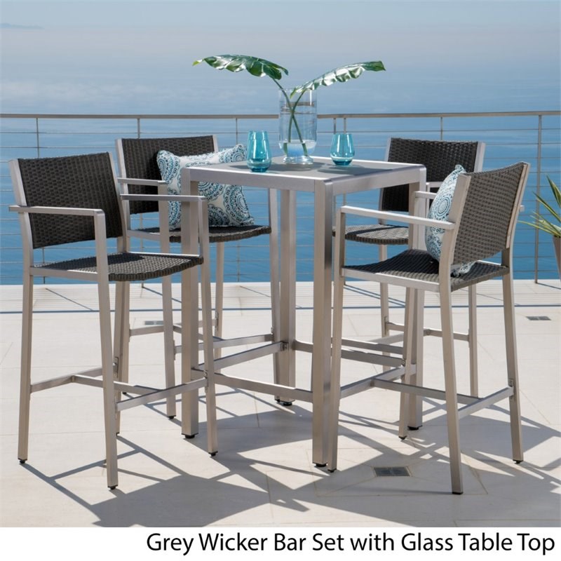 Noble House Cape Coral Outdoor 5 Piece Glass Top Bar Set in Gray