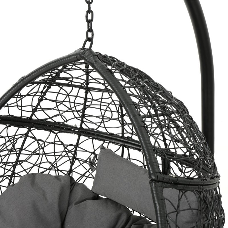 noble house kylie outdoor wicker hanging basket chair in black and gray