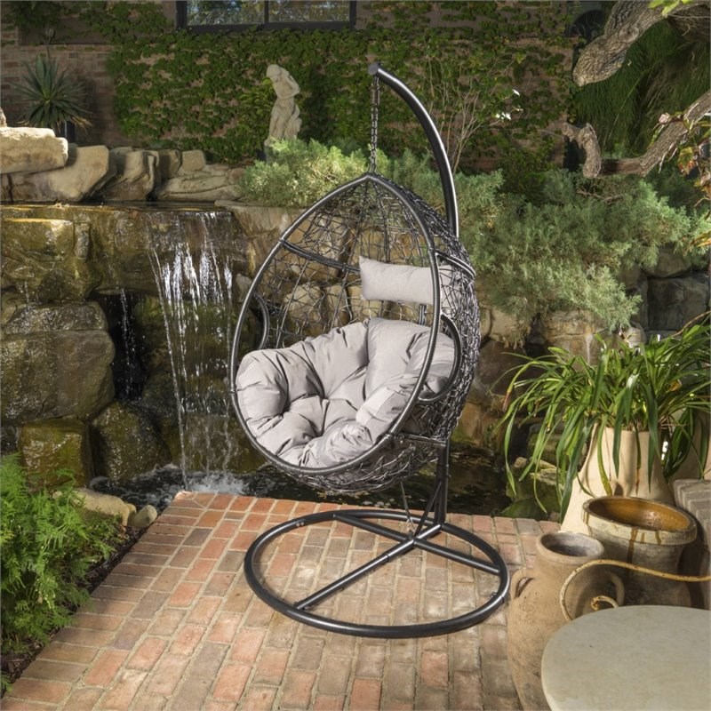noble house kylie outdoor wicker hanging basket chair in black and gray