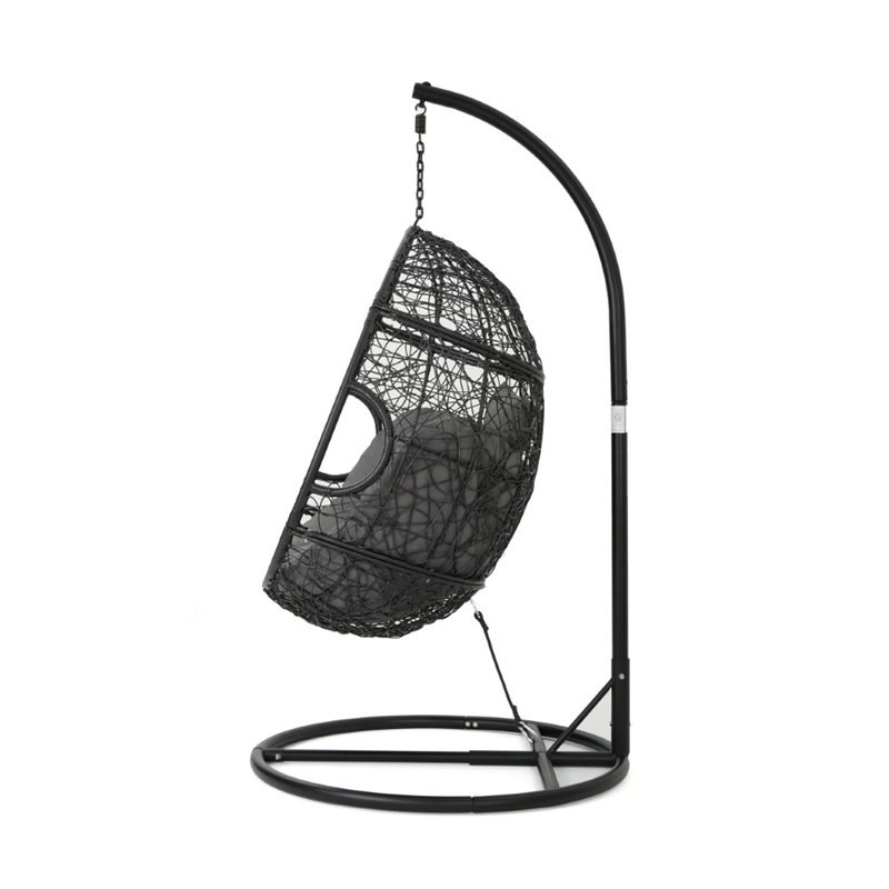 noble house kylie outdoor wicker hanging basket chair in black and gray