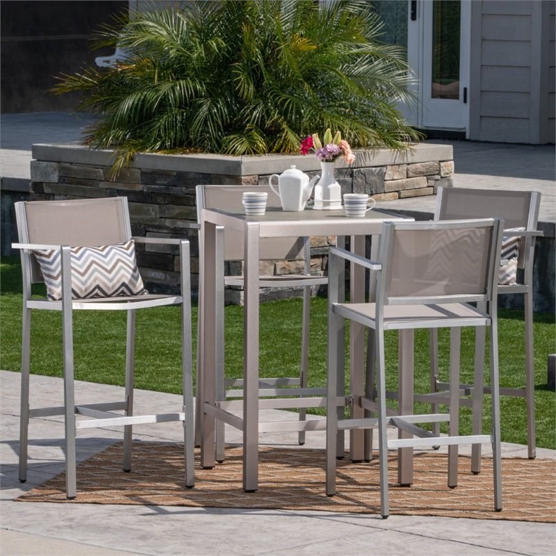 Noble House Cape Coral Outdoor 5 Piece Glass Top Aluminum Bar Set in Silver