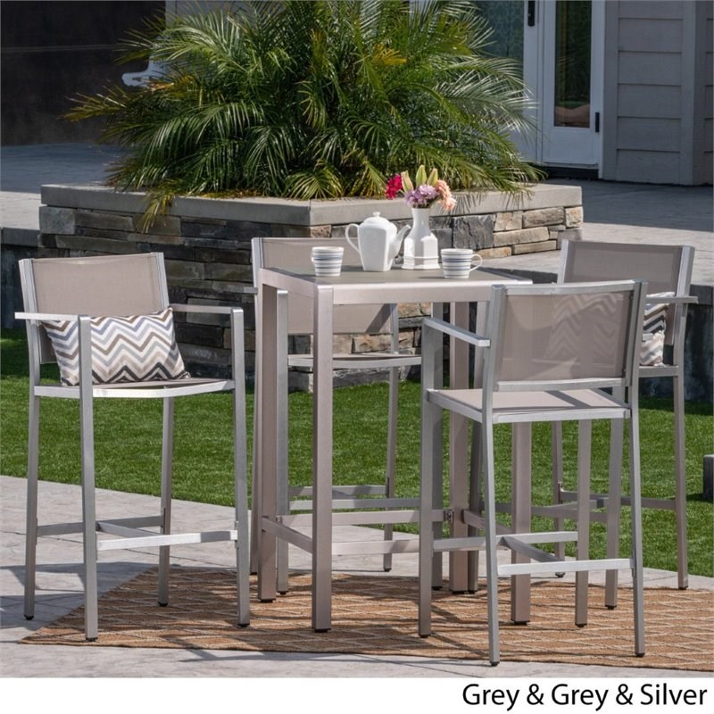Noble House Cape Coral Outdoor 5 Piece Glass Top Aluminum Bar Set in Silver