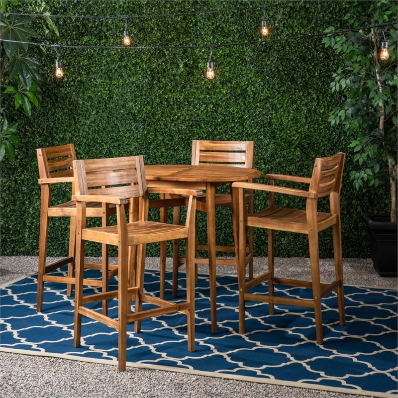 Noble House Stamford Outdoor 5 Piece Acacia Wood Bar Set in Teak
