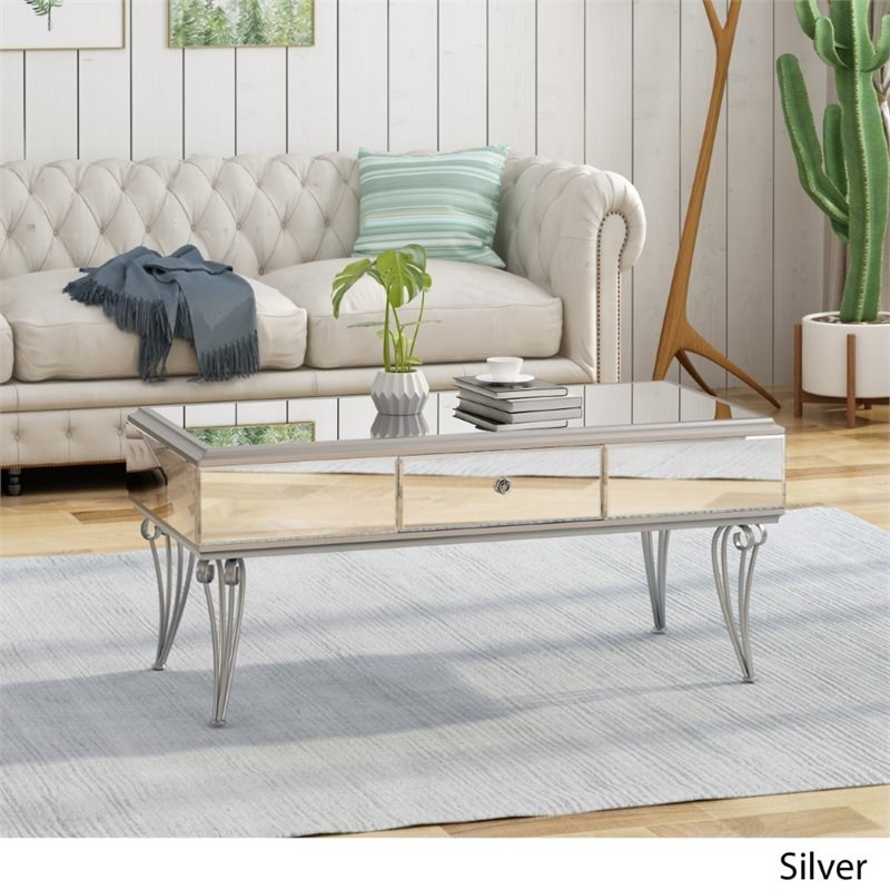 Noble House Belvidere Modern Mirrored Coffee Table with Drawer in Silver