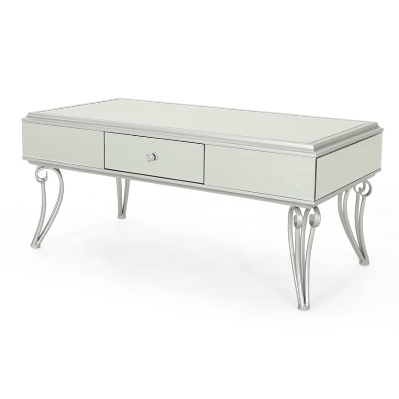 Noble House Belvidere Modern Mirrored Coffee Table with Drawer in Silver