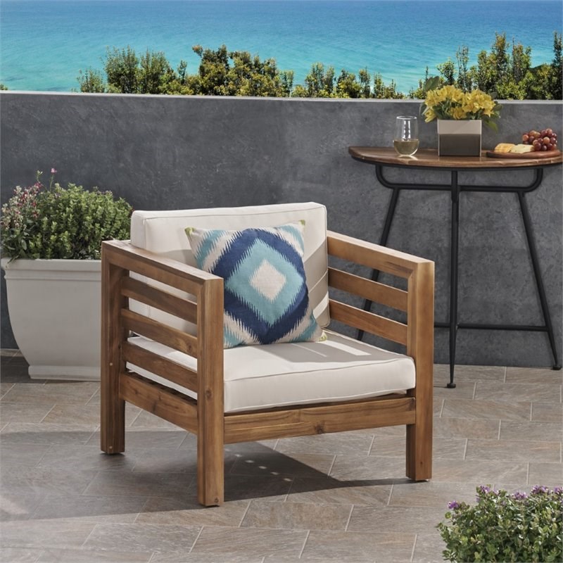 Noble House Oana Outdoor Acacia Wood Club Chair in Teak and Beige