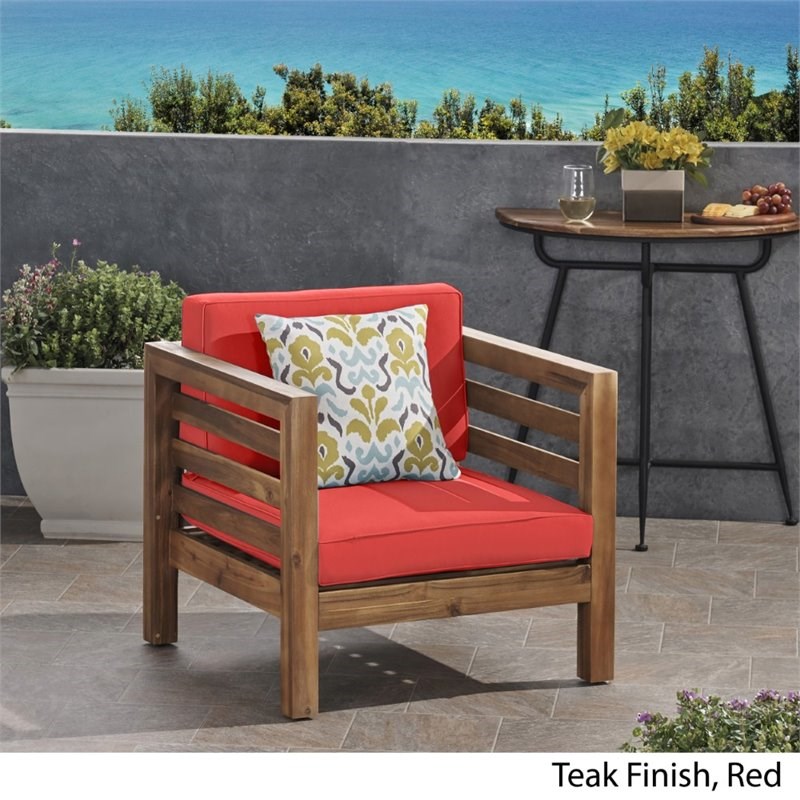 Noble House Oana Outdoor Acacia Wood Club Chair in Teak and Red