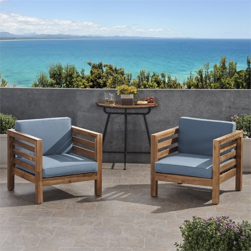 Noble House Oana Outdoor Acacia Wood Club Chair in Teak and Blue (Set of 2)