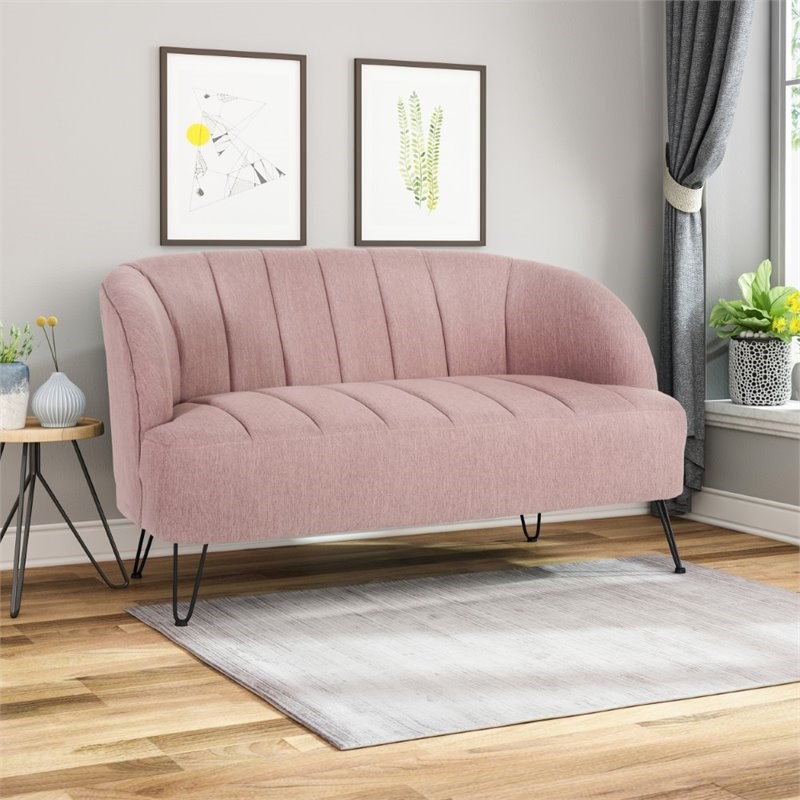 Noble House Lupine Modern Fabric Loveseat with Hairpin Legs in Light Blush