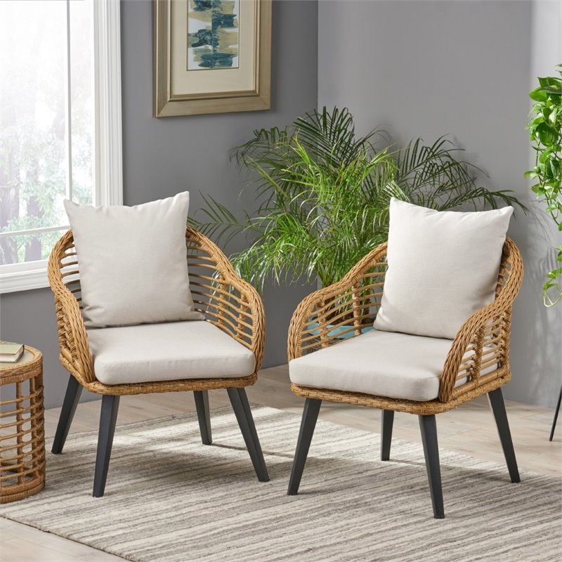 Noble House Tatiana Indoor Wicker Club Chairs with Cushion in Beige (Set of 2)