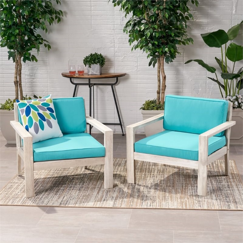 Noble House Santa Ana Outdoor Wood Club Chair in Light Gray and Teal (Set of 2)