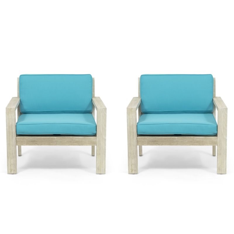 Noble House Santa Ana Outdoor Wood Club Chair in Light Gray and Teal (Set of 2)