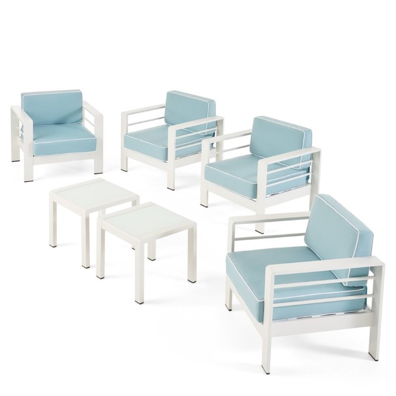 Noble House Cape Coral 5 Piece Outdoor Conversation Set in White and Light Teal
