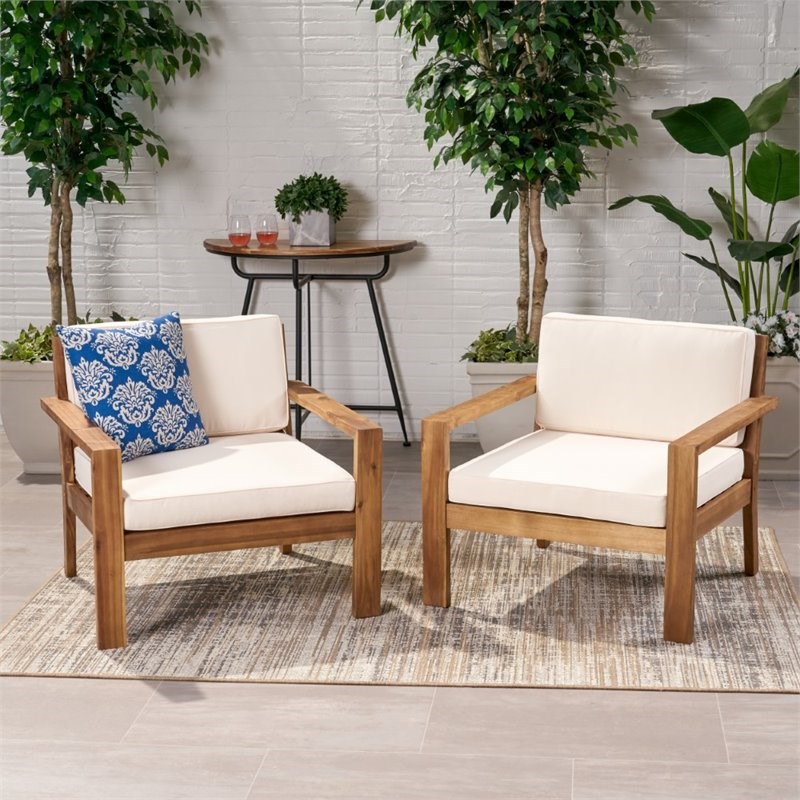 Noble House Santa Ana Outdoor Wood Club Chair in Teak and Cream (Set of 2)