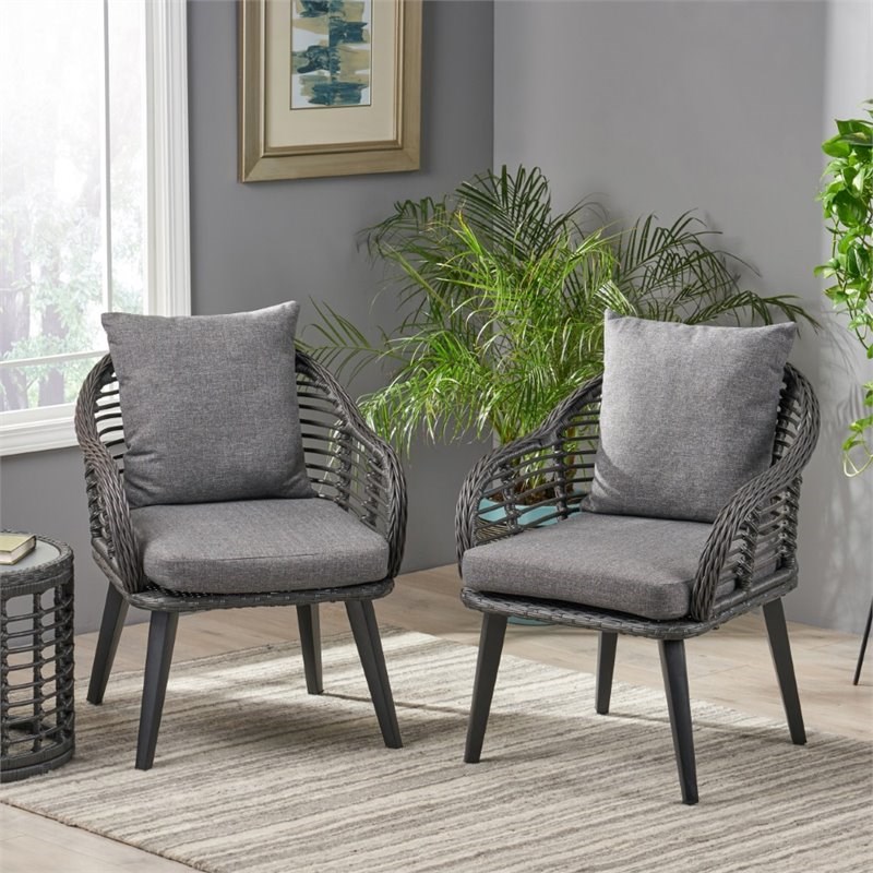 Noble House Tatiana Indoor Wicker Club Chairs with Cushion in Gray (Set of 2)