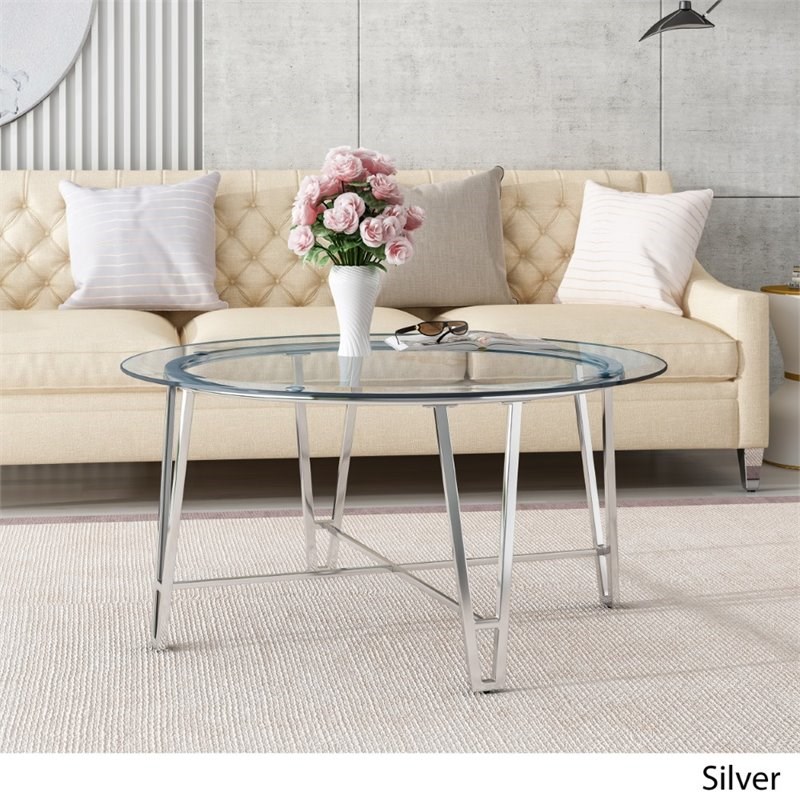 Noble House Arva Round Tempered Glass Top Iron Coffee Table in Silver