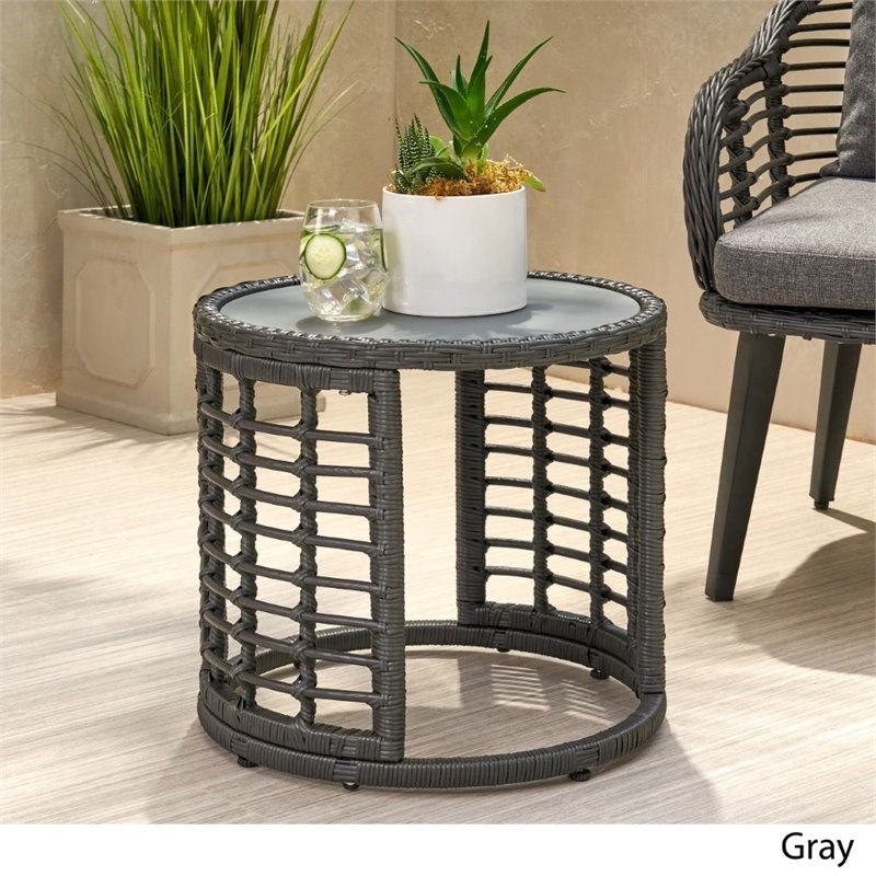 Noble House Tatiana Outdoor Tempered Glass Top Wicker Side Table in Gray